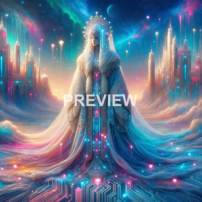 A regal, ethereal figure dressed in ornate, flowing garments stands amidst a fantastical landscape with glowing, futuristic cityscapes and colorful cosmic elements in the sky.
